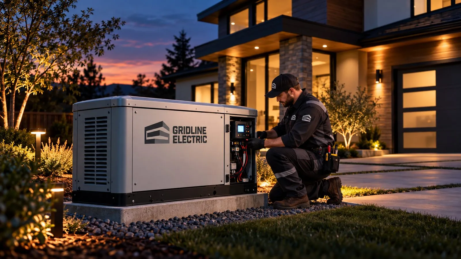Gridline Electric technician servicing a whole-home standby generator at dusk beside a modern home