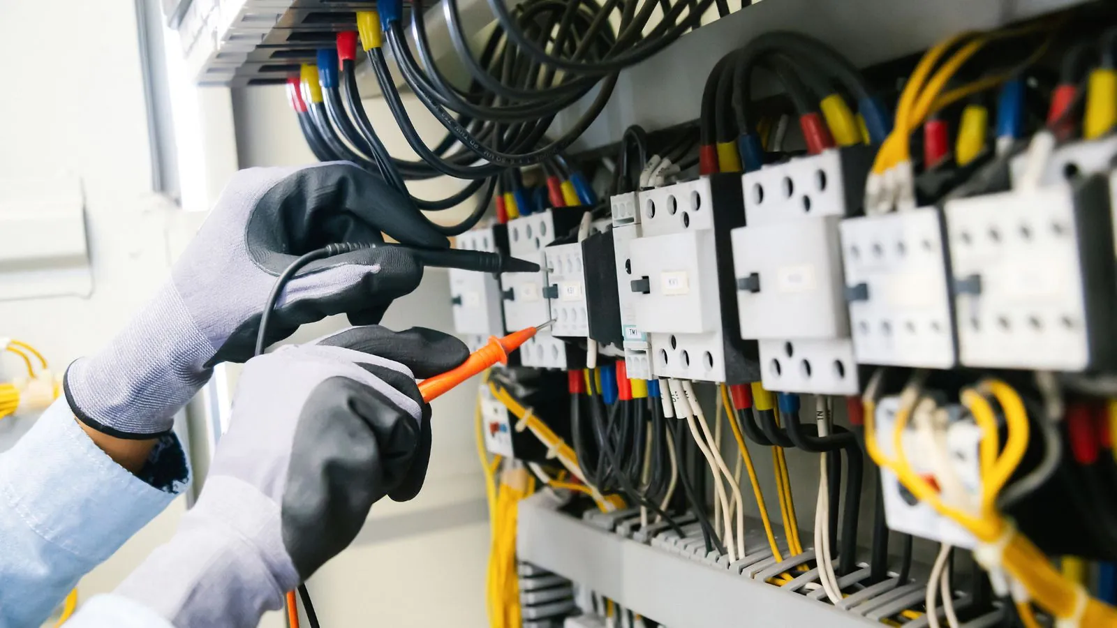 Gloved hands testing an electrical control panel with probes
