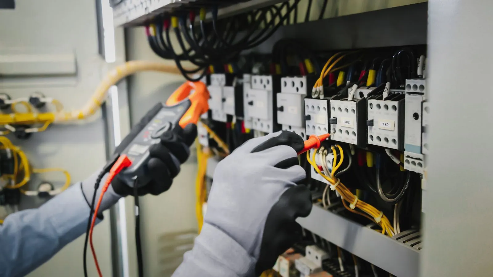 Electrician testing an electrical panel with a clamp meter